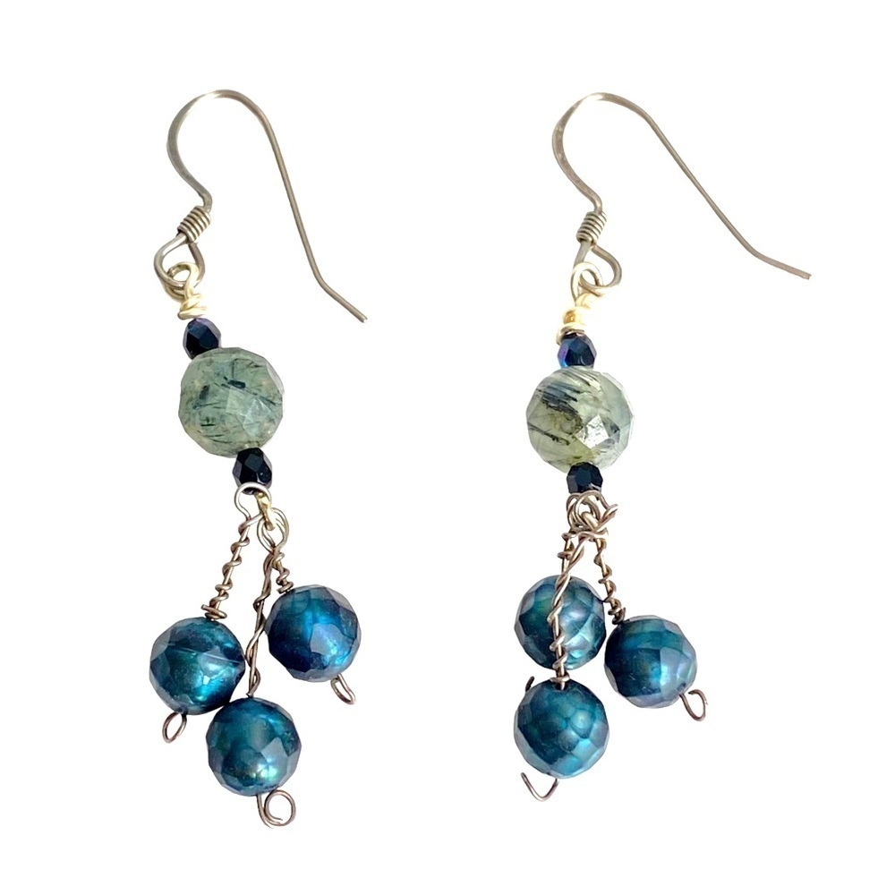 Vintage Rutilatedā Quartz Earrings Iridescent Peacock Blue Green Beaded Handmade